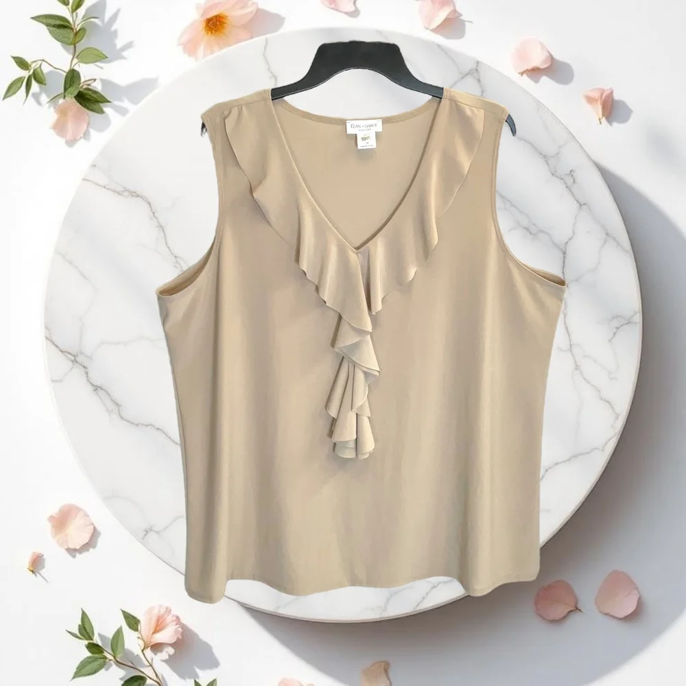 Elan & Grace NWT Tan Sleeveless Blouse w Ruffle Neckline/Front Women 3X - Picture 1 of 6